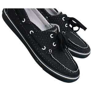 Sperry Black Leather Perforated 2 Eye Lace Up Loafers Boat Shoes Women 9 Casual